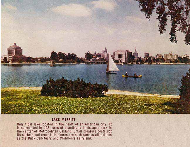 Sailboats on Lake Merritt as seen in 1940's era postcard