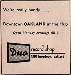 Newsprint ad for Duo record shop, Oakland, circa 1960's