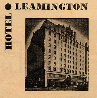 Newspaper ad image of hotel Leamington, Oakland, circa 1930s.