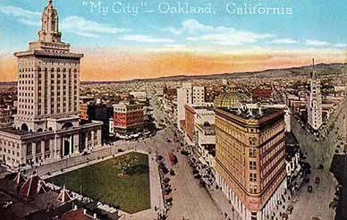Oakland downtown City Hall Plaza San Pablo Ave and Broadway postcard, circa 1915.